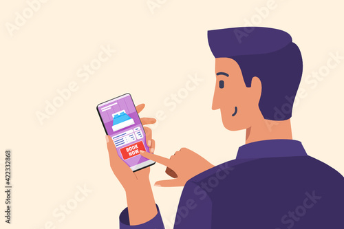 Man Online Booking Hotel, Lodging, Homestay or Vacation Rental by Mobile Phone. Business and Tourism Flat Vector Cartoon Design Illustration. 