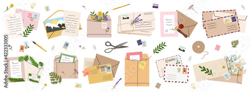 Set of mails, envelopes, letters, postcards, postage stamps and stationery. Concept of sending letter of love and friendship. Top view. Hand drawn vector illustration isolated