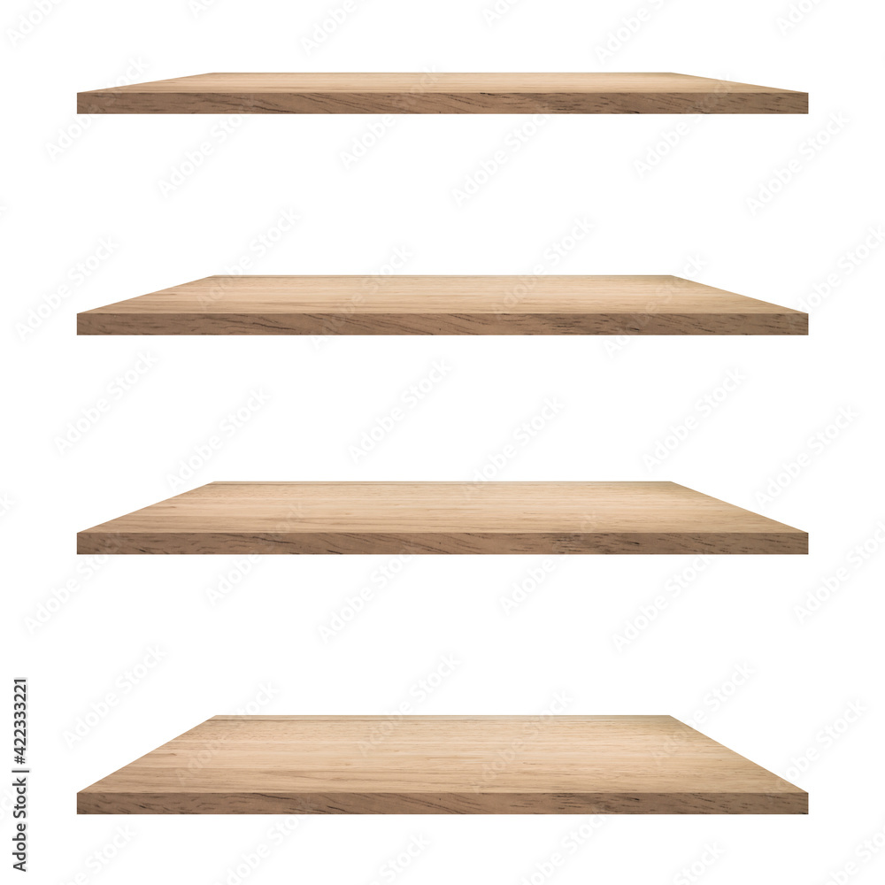 4 Wood shelves table isolated on white background and display montage for product. 4 Wood shelves table isolated on white background and display montage for product.