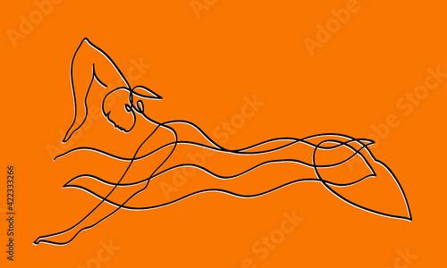 One line drawing of swimmer woman swimming.
One continuous line drawing of woman swiming in the sea.