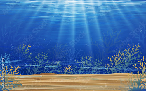 Underwater sea with wave in deep blue in island,Bottom of ocean with sun ray shining through underwater creatures,coral reef,Silhouette of coral,Vector horizon marine or sea life for summer background