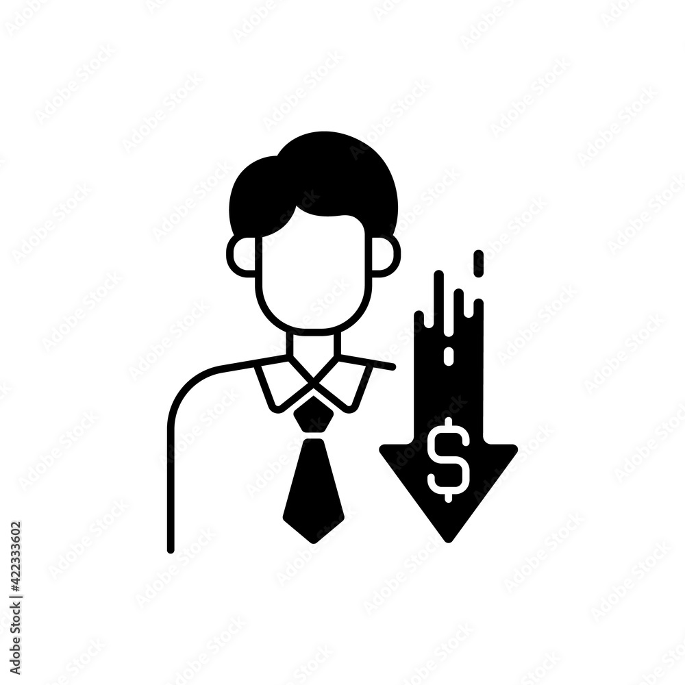 Discount broker black linear icon. Falling prices. Cost reduction. Financial recession. Economic failure. Bankruptcy and money crisis. Outline symbol on white space. Vector isolated illustration Discount broker black linear icon. Falling prices. Cost reduction. Financial recession. Economic failure. Bankruptcy and money crisis. Outline symbol on white space. Vector isolated illustration