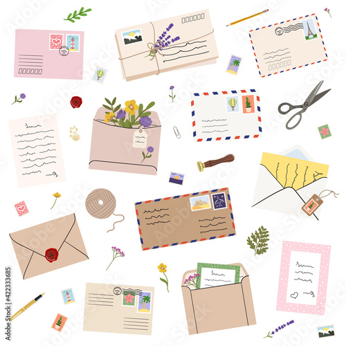 Set of mails, envelopes, letters, postcards, postage stamps and stationery. Concept of sending letter of love and friendship. Top view. Hand drawn vector illustration isolated photo