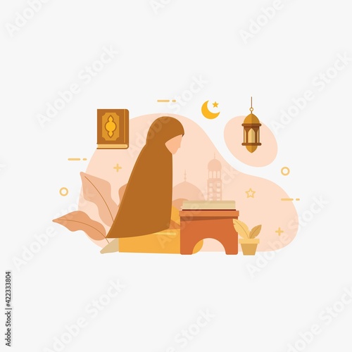 Muslim people reading and learning the quran islamic holy book design concept vector illustration