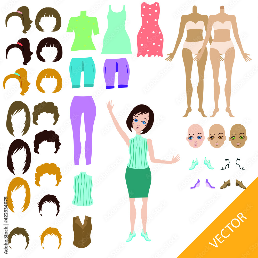 Obraz premium Set for creating a cartoon girl. Isolated vector