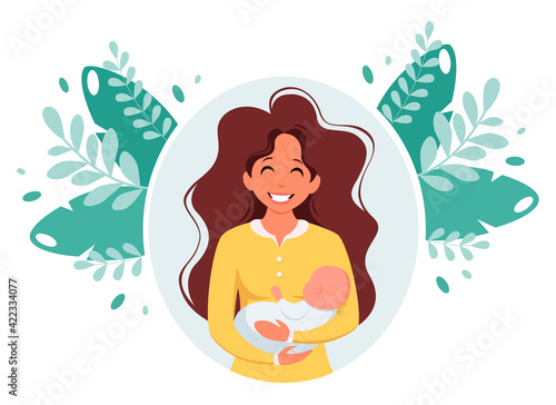 Woman with baby. Motherhood, parenting concept. Mother's Day. Vector illustration.