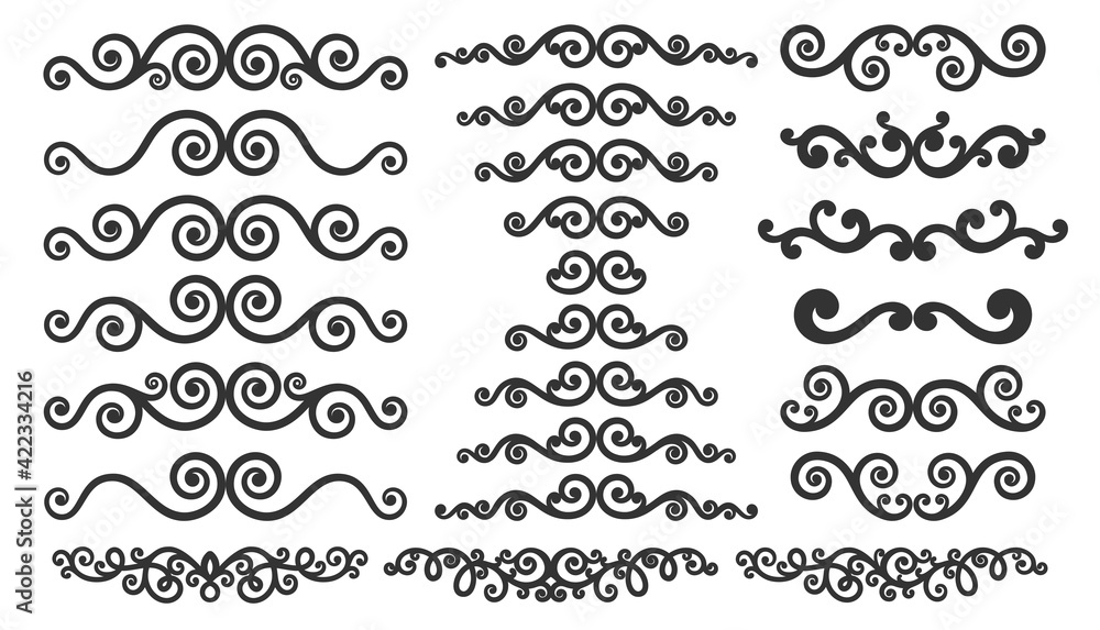 Borders collection isolated on white background. Set of swirl borders in black. Vector illustration