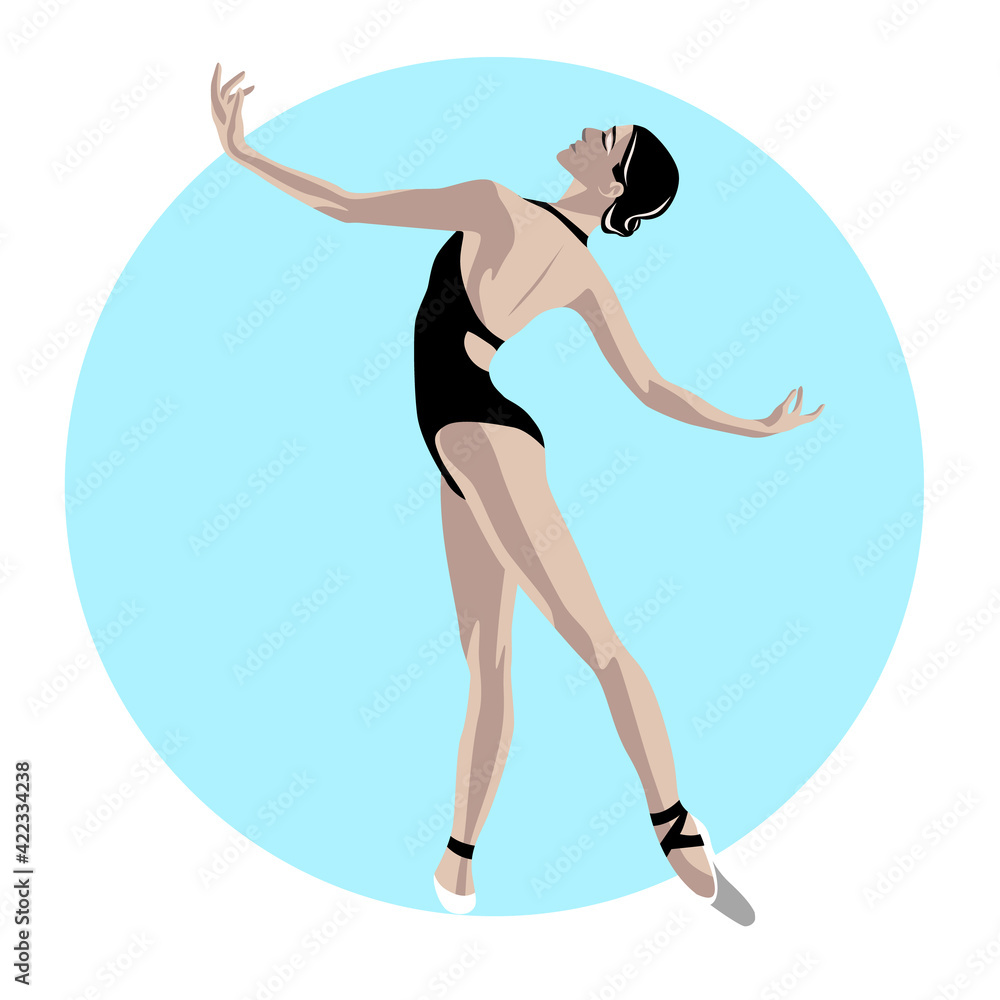 Ballerina in a swimsuit on a dark background. Vector illustration. Round sticker