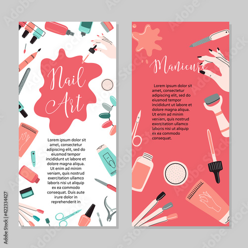 Manicure concept. Beauty studio and salon. Site header, banner, business card, brochure and flyer.Vector cartoon illustration
