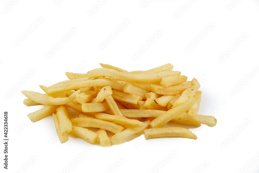 a pile of appetizing french fries on a white background a pile of appetizing french fries on a white background