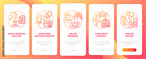 Choosing primary care doctor tips red onboarding mobile app page screen with concepts. Physician walkthrough 5 steps graphic instructions. UI, UX, GUI vector template with linear color illustrations