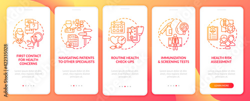 Family doctor tasks red onboarding mobile app page screen with concepts. Healthcare walkthrough 5 steps graphic instructions. UI, UX, GUI vector template with linear color illustrations