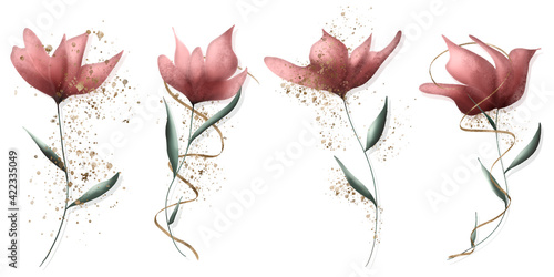 Gezeichnete Blumen - Aquarellfarben mit schönen Schattierungen und Dekorationen in Gold