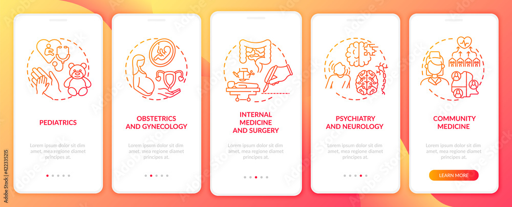 Family medicine components red onboarding mobile app page screen with concepts. Healthcare walkthrough 5 steps graphic instructions. UI, UX, GUI vector template with linear color illustration
