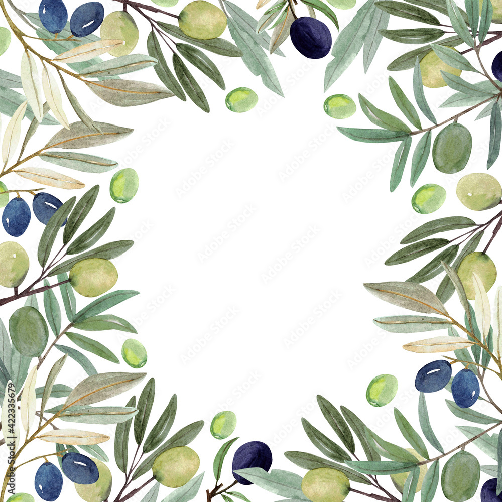 Olive frame made of hand-drawn olive branches. Watercolor botanical background with olives, branches, leaves. Template for postcards, invitations, decor. Olive frame made of hand-drawn olive branches. Watercolor botanical background with olives, branches, leaves. Template for postcards, invitations, decor.