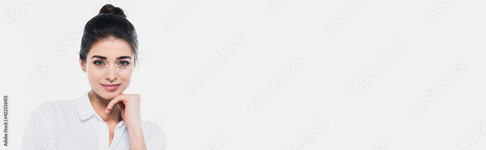 Brunette woman smiling at camera isolated on white, banner Brunette woman smiling at camera isolated on white, banner
