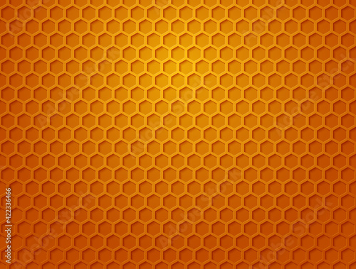 Honeycomb background. Texture and pattern of a section of wax honeycomb from a bee hive filled with golden honey. Vector orange pattern for honey, food and bees related subjects