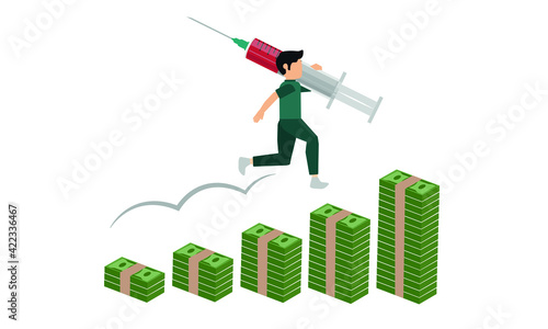 vaccine in man's hand. vaccine and money concept. vaccine and dollar symbol. creative vaccine, health concept vector, banner.
