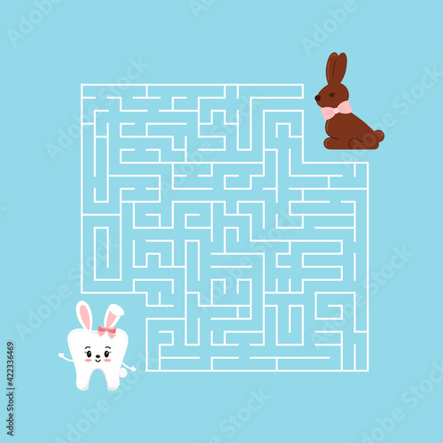 Easter tooth kids maze game. Help white teeth girl with bunny ears to find right way to easter chocolate rabbit candy in labyrinth. Vector flat design dental kid puzzle illustration in cartoon style.