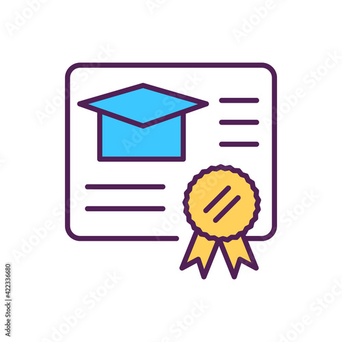 Academic degree RGB color icon. University student diploma. Official document of professional expertise. Paper for college graduation. Academic accomplishment. Isolated vector illustration