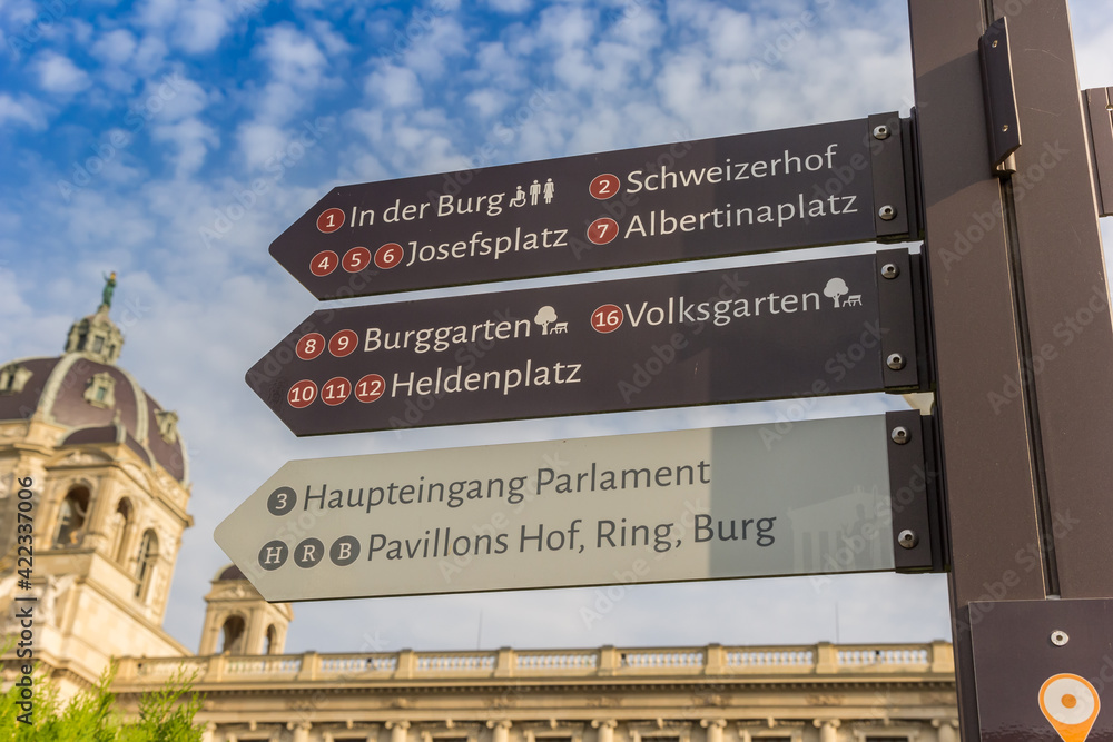 Tourist sign at the central museum area in Vienna, Austria