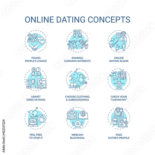 Online dating concept icons set. Sharing common interests in internet idea thin line RGB color illustrations. Man and woman searching for partner vector isolated outline drawings. Editable stroke