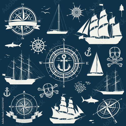 Print op canvas Set of nautical design objects, sailing ships, yachts, compasses