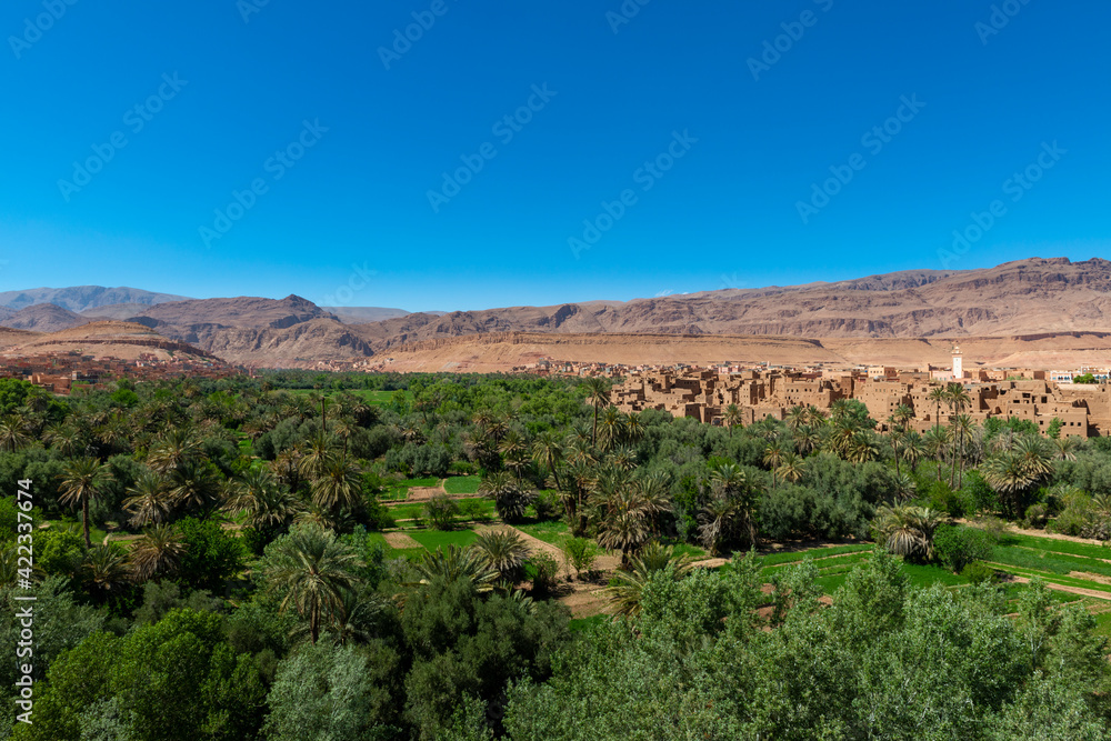 View of a city along the Todgha river, in the Draa Tafilatel region of Morocco.