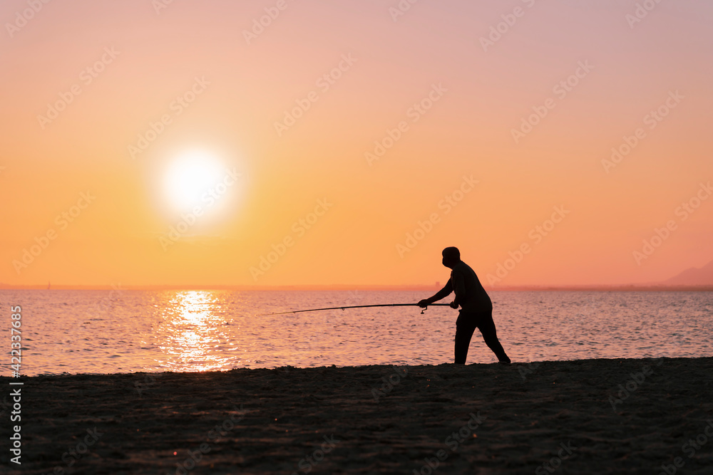 Silhouette of man fishing in waves on beach at sunset