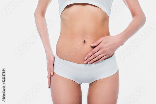 Cropped view of woman in underwear touching belly isolated on white © LIGHTFIELD STUDIOS