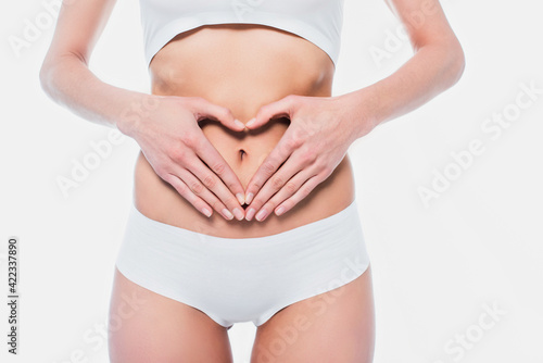 Cropped view of young woman in underwear showing heart sign near belly isolated on white