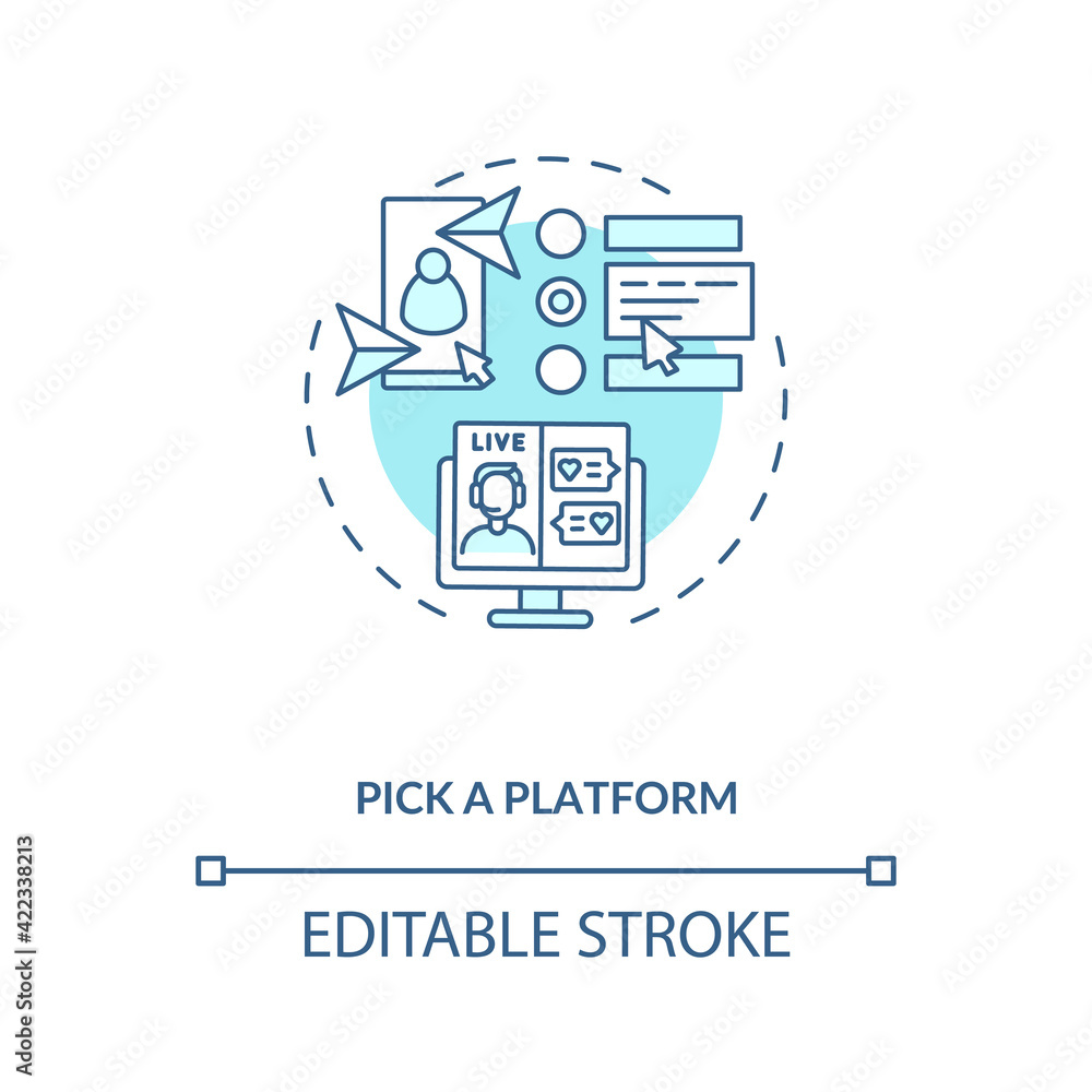 Pick platform for finding couple concept icon. Dating apps services variety ideas thin line illustration. Mobile or computer website version isolated outline RGB color drawing. Editable stroke