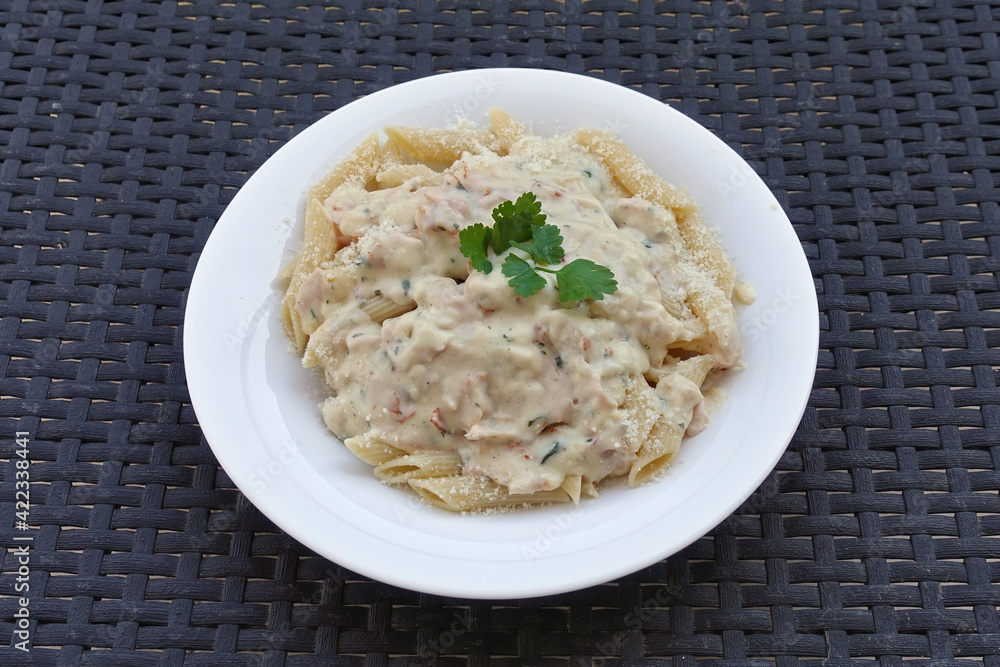 pasta with carbonara sauce and parmesan cheese pasta with carbonara sauce and parmesan cheese