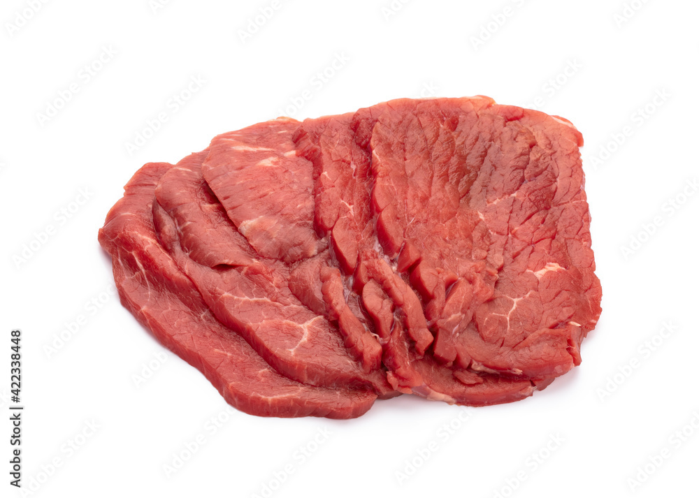 Obraz premium Fresh raw steaks isolated on white background.................