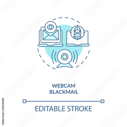Blackmail on dating website webcam concept icon. Avoid scammers who want to steal money thin line illustration. Nude video call vector isolated outline RGB color drawing. Editable stroke