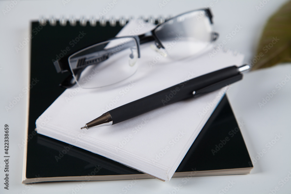 Notebook pen and glasses, white background. Notebook pen and glasses, white background.