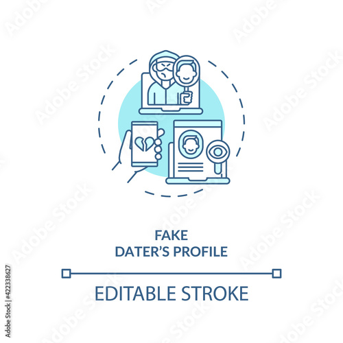 Fake dater profile on dating website concept icon. Hackers steal money from app users idea thin line illustration. Avoid app scammers isolated outline RGB color drawing. Editable stroke