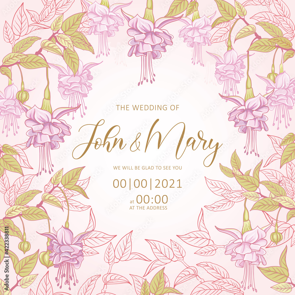 Obraz Wedding invitation template, romantic feminine floral card, pale pink aretillo rosa flowers on pale pink background with line drawn branches, editable vector, love concept, beauty, packaging