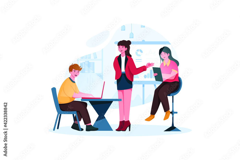 Team works on project with help of analytics, computers and graphs in office.