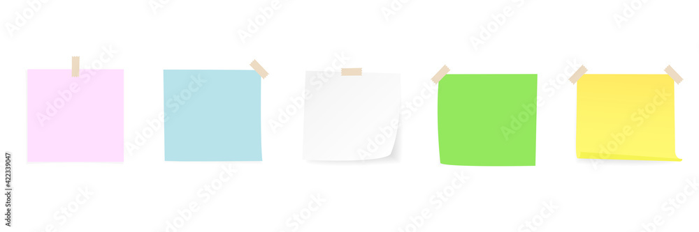 Collection of clear color lists of paper with adhesive tape on the white background. Vector illustration. EPS 10 - obrazy, fototapety, plakaty 