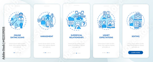 Harasment on dating website onboarding mobile app page screen with concepts. Sexting walkthrough 5 steps graphic instructions. UI, UX, GUI vector template with linear color illustrations photo
