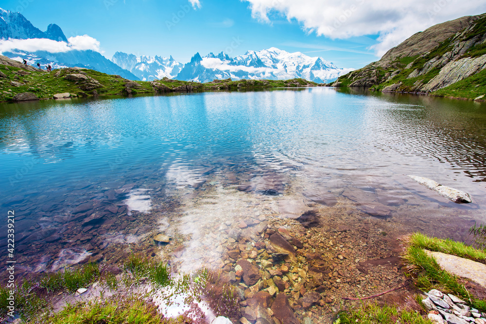 Fantastic landscape with lake on the background of Mont Blanc, French Alps, Europe. (Harmony, tourism, meditation background - concept)