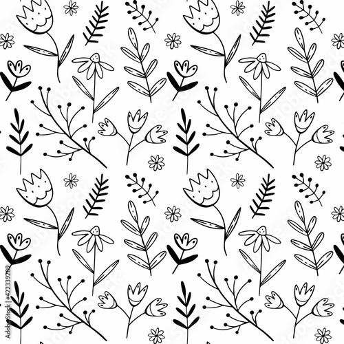 Simple black and white pattern with flowers and twigs and leaf in a doodle style. Vector illustration background for design.