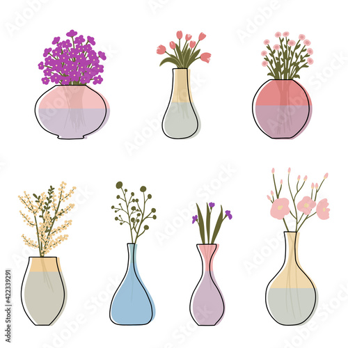 A set of flowers in a transparent vase with water. Vector illustration. Isolated elements on a white background. Doodle, flat, hand-drawn. Registration for florists. Spring and summer cute bouquets