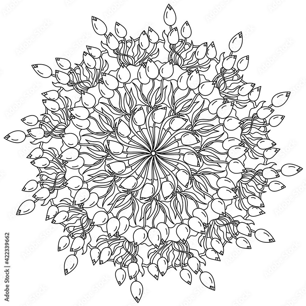 Contour mandala of tulips, coloring page for a card for mother's day or another holiday