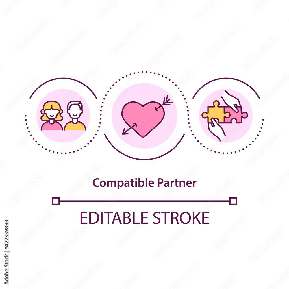Compatible partner concept icon. Find person that suits you to live with. Meeting new love of life idea thin line illustration. Vector isolated outline RGB color drawing. Editable stroke