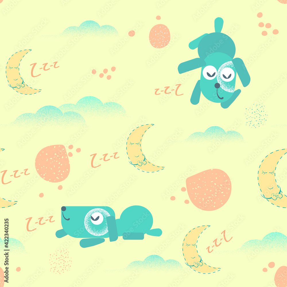 Fototapeta premium Sleeping month, sleeping puppy, seamless pattern