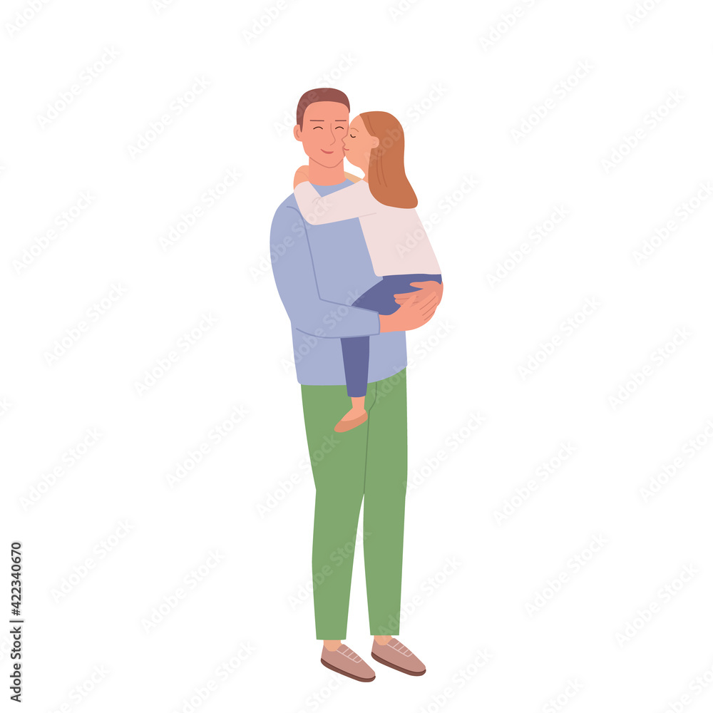 A man holds his little daughter in his arms. A little girl kisses her dad on the cheek. Illustration of happy father's day. Cute characters isolated on white. A man holds his little daughter in his arms. A little girl kisses her dad on the cheek. Illustration of happy father's day. Cute characters isolated on white.