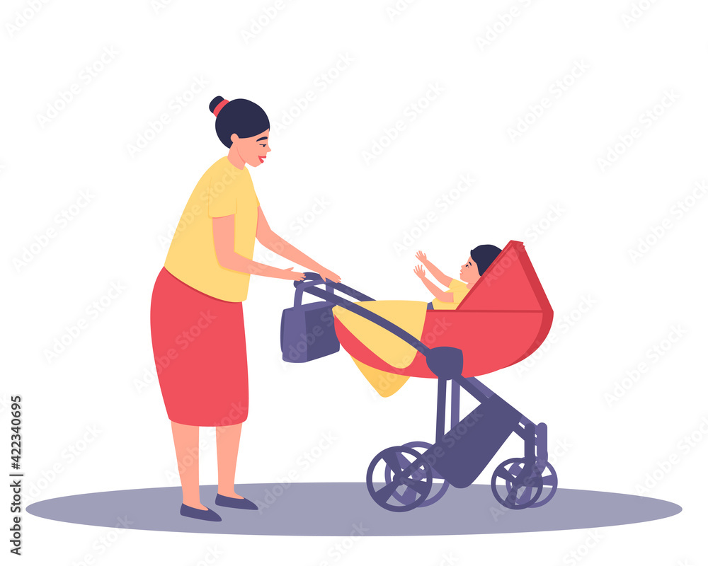Mom looks at the baby in the stroller. Walking mom and child. From the stroller, the child pulls the handles to the mother. Flat vector illustration. Mom looks at the baby in the stroller. Walking mom and child. From the stroller, the child pulls the handles to the mother. Flat vector illustration.