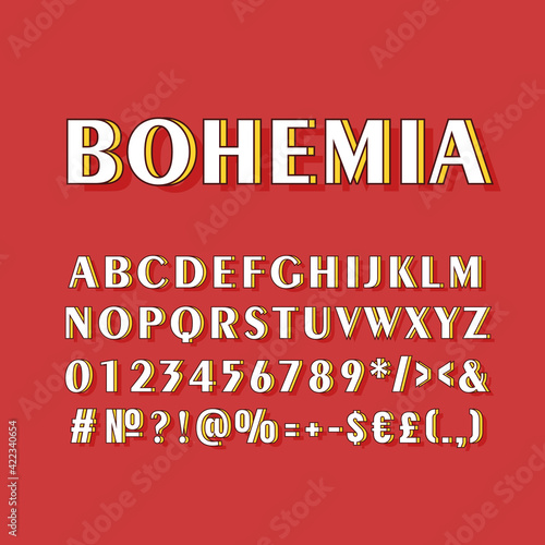 Bohemia vintage 3d vector alphabet set. Retro bold font, typeface. Pop art stylized lettering. Old school style letters, numbers, symbols pack. 90s, 80s creative typeset design template